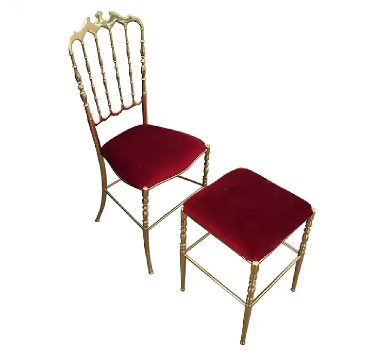 Chiavari chair and stool in brass and velvet, 1940s 1