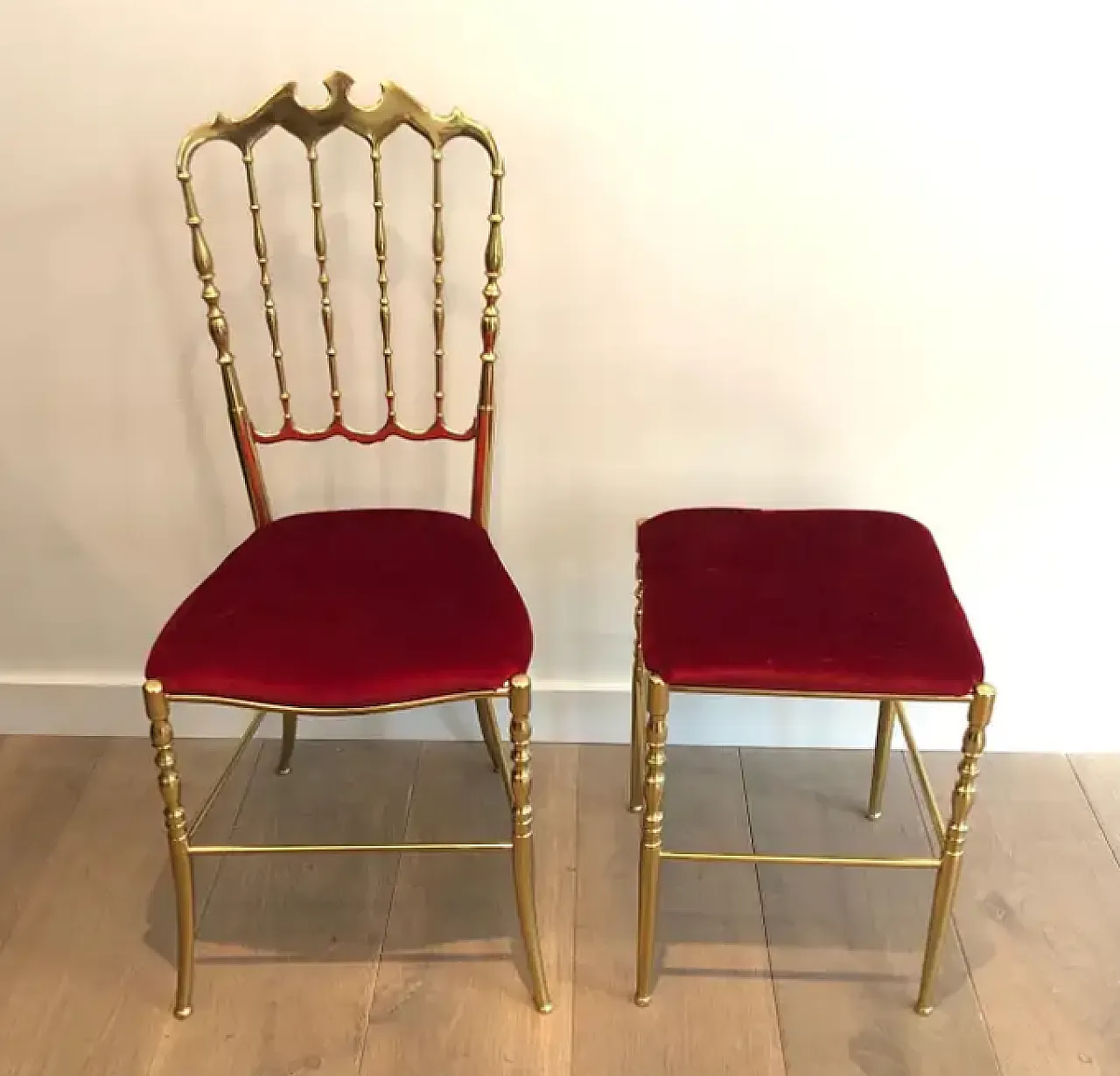 Chiavari chair and stool in brass and velvet, 1940s 3