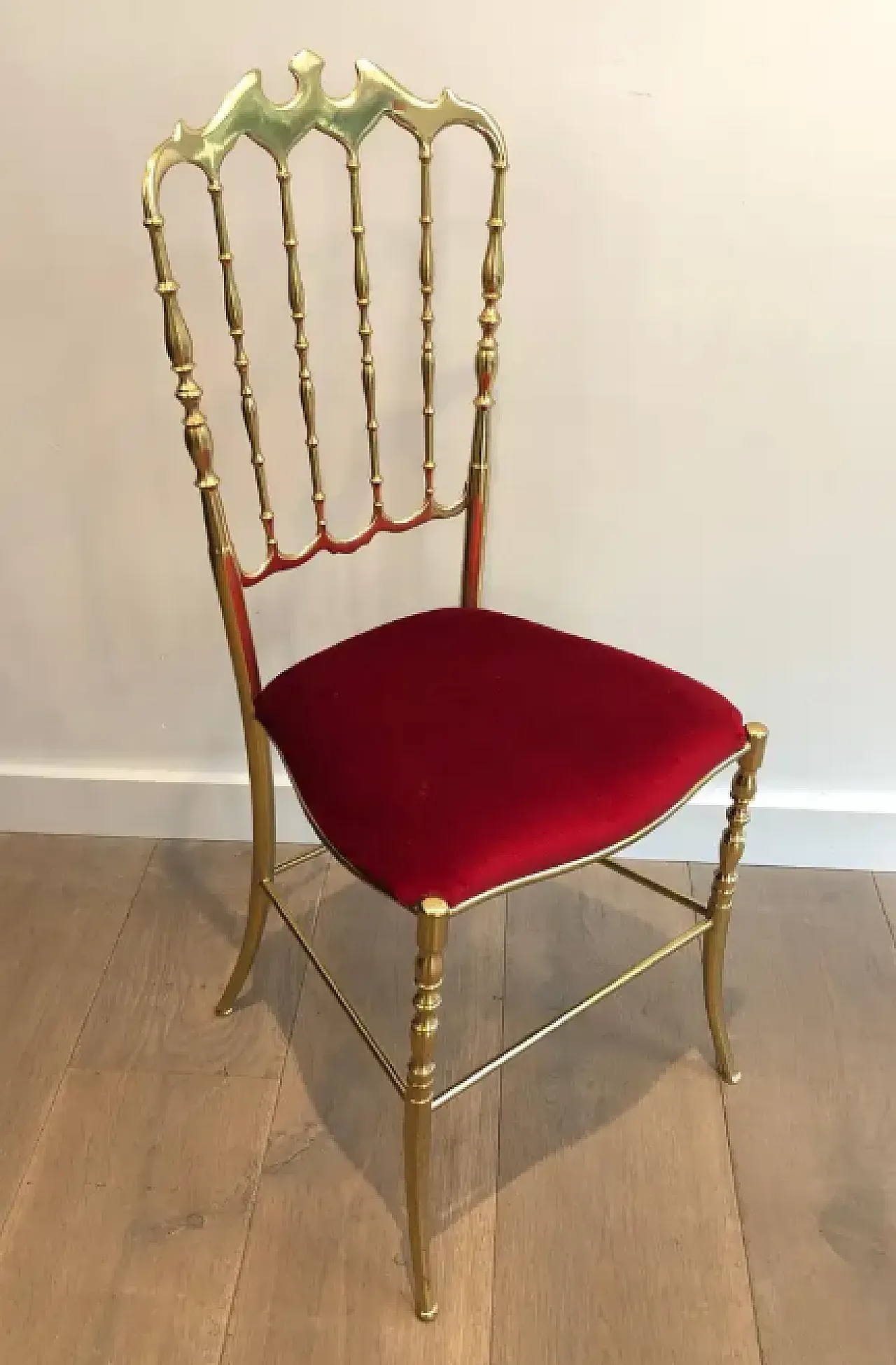 Chiavari chair and stool in brass and velvet, 1940s 4