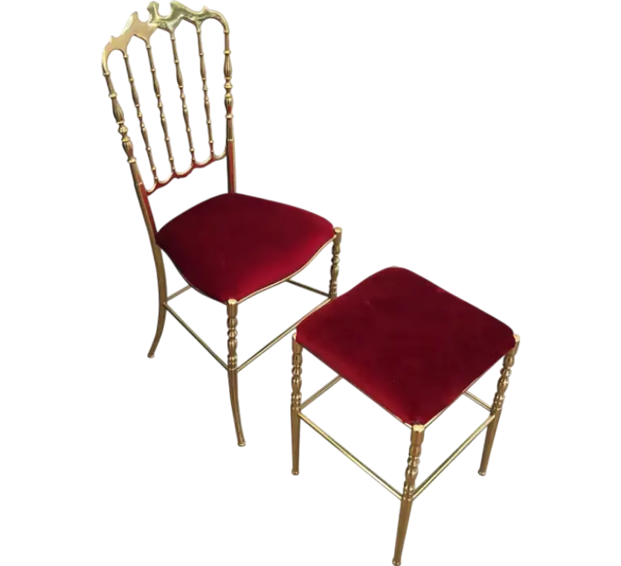 Chiavari chair and stool in brass and velvet, 1940s 18