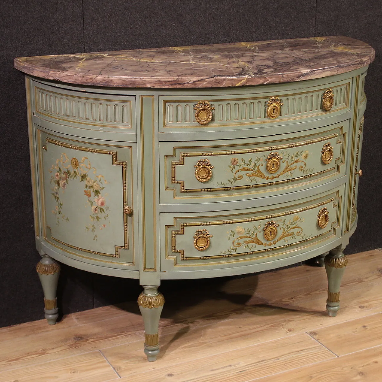 Louis XVI style demi lune dresser in lacquered wood, 20th century 1