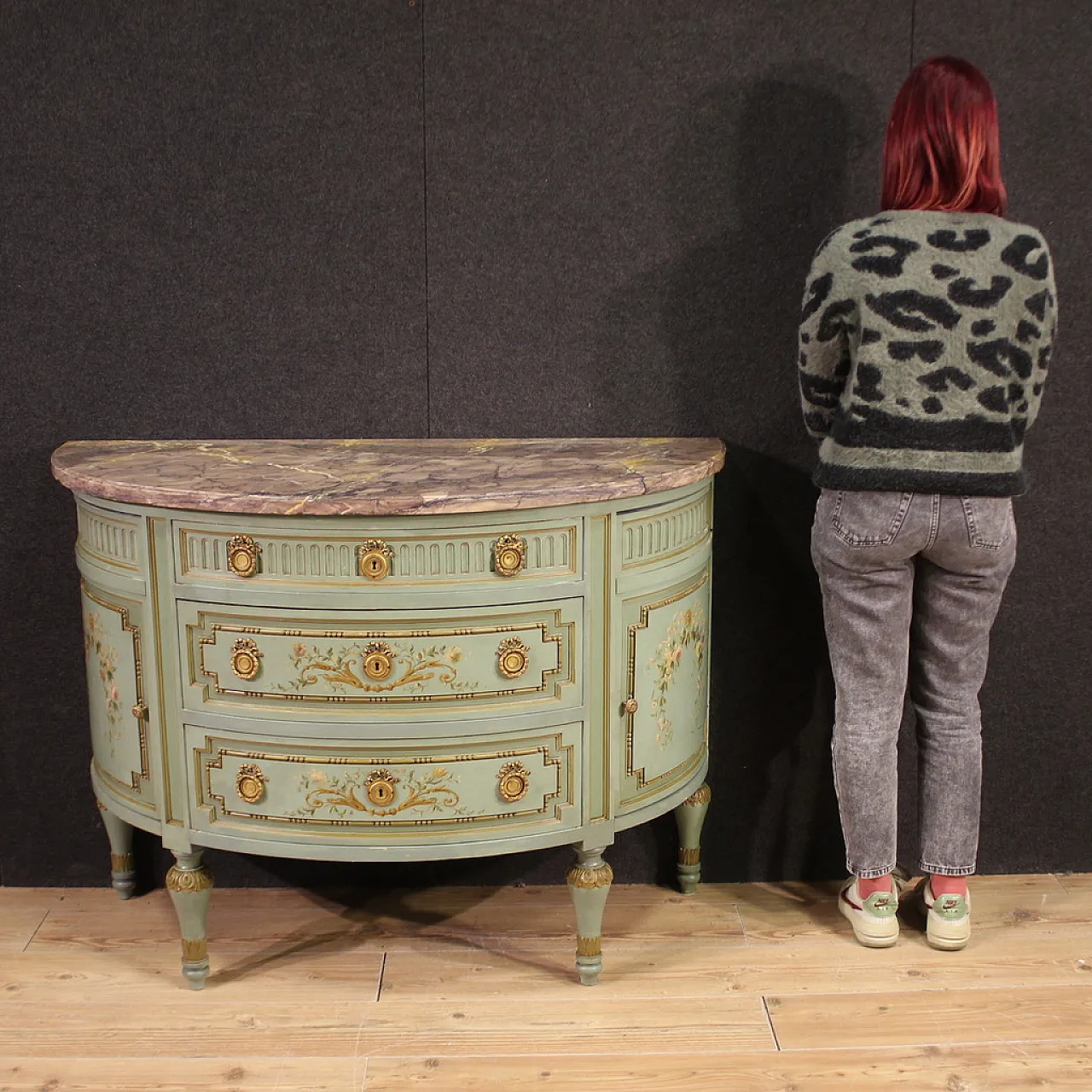 Louis XVI style demi lune dresser in lacquered wood, 20th century 3