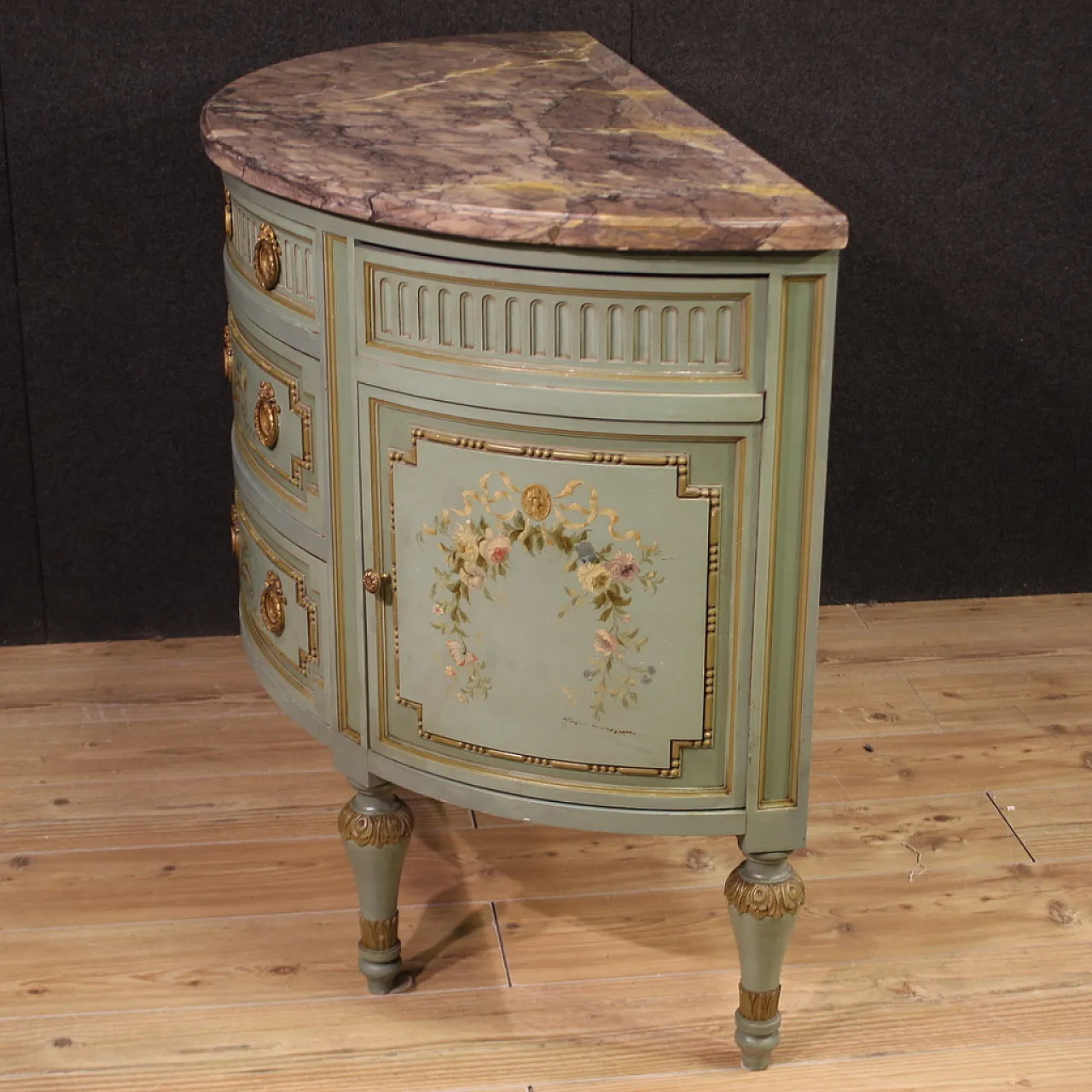 Louis XVI style demi lune dresser in lacquered wood, 20th century 10