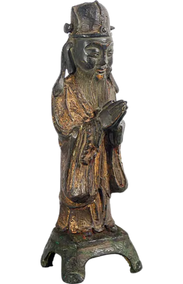 Bronze sculpture of dignitary with clasped hands, 17th century