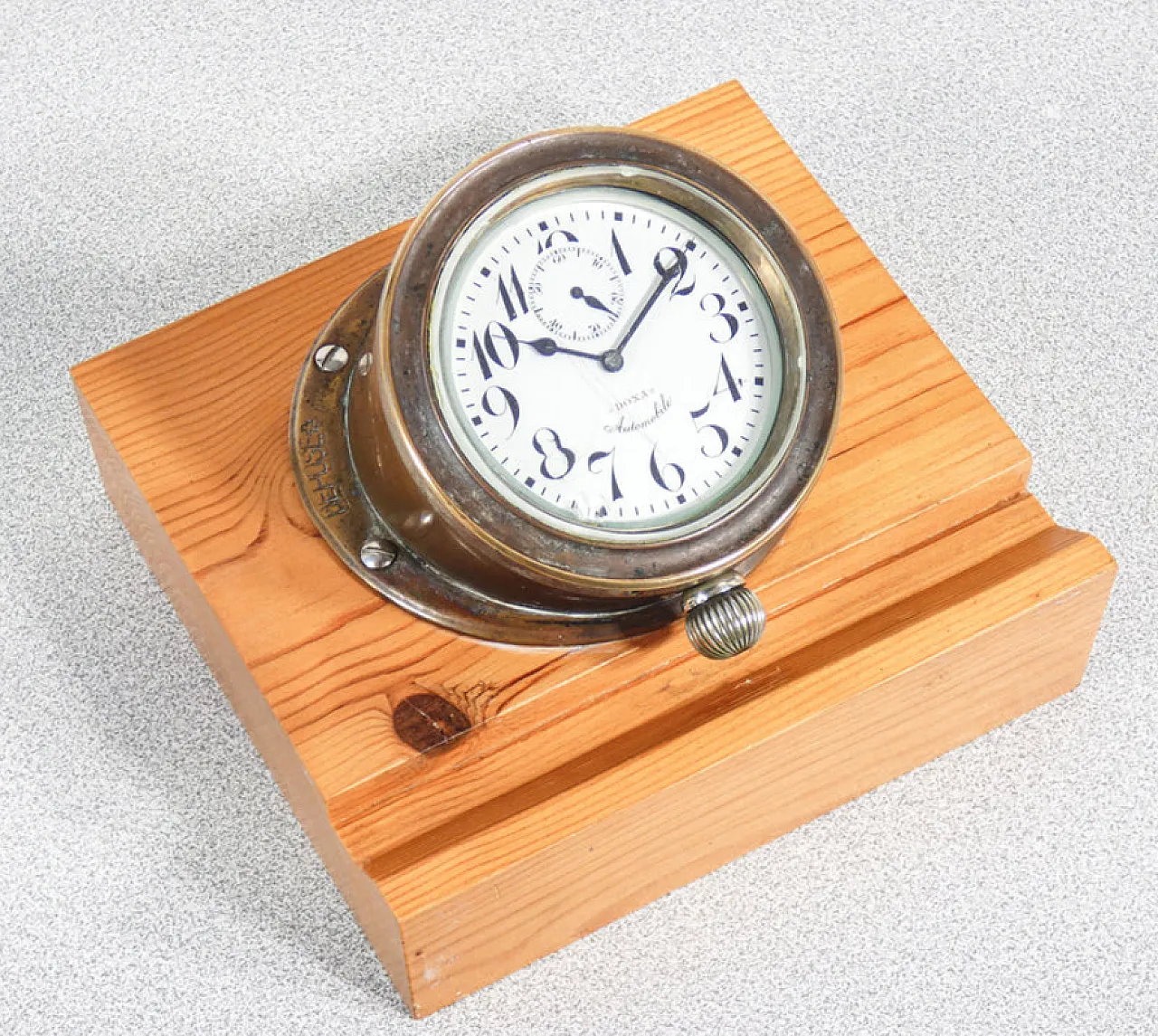 Brass clock with wooden base by Doxa, 1940s 11