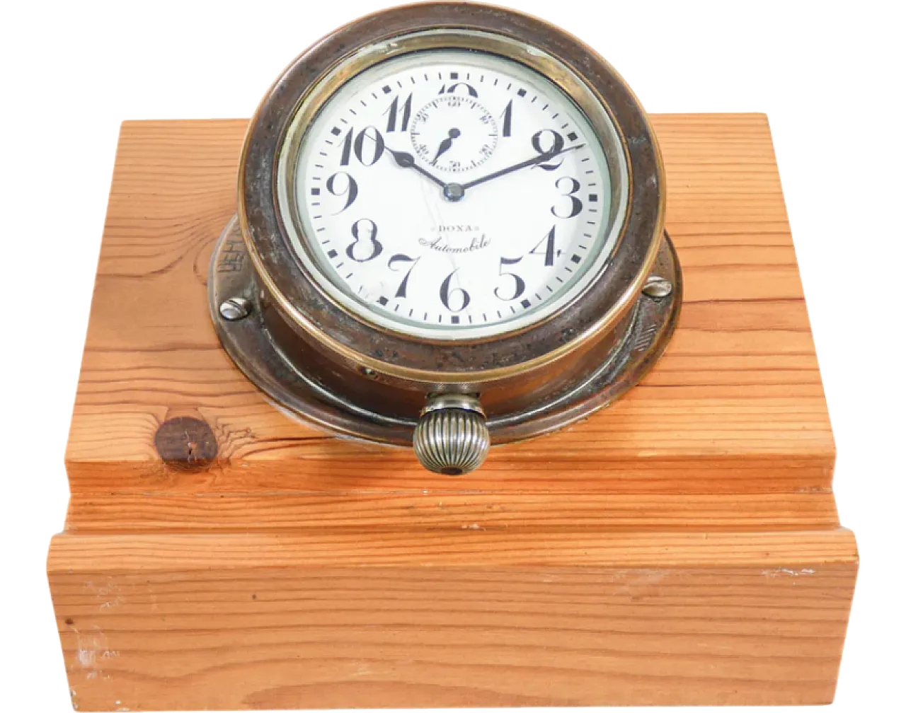 Brass clock with wooden base by Doxa, 1940s 12