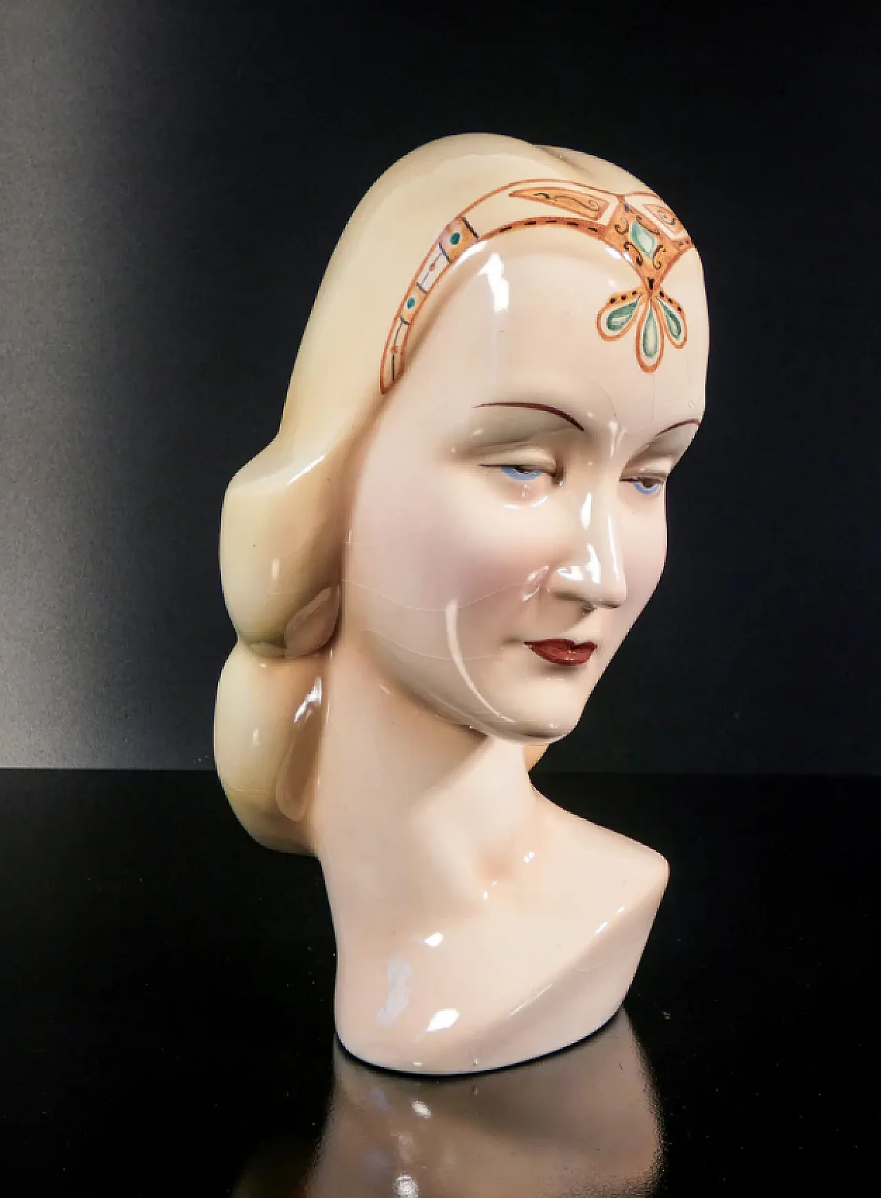 Woman with tiara, hand-painted ceramic sculpture, 1940s 1