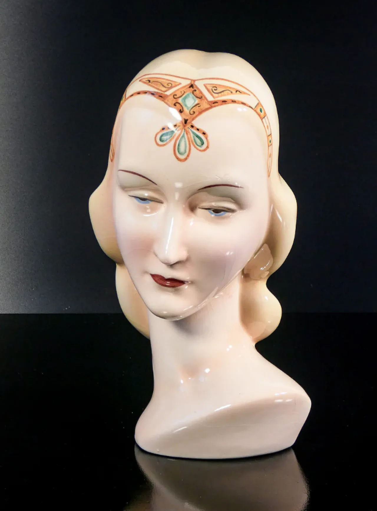 Woman with tiara, hand-painted ceramic sculpture, 1940s 3