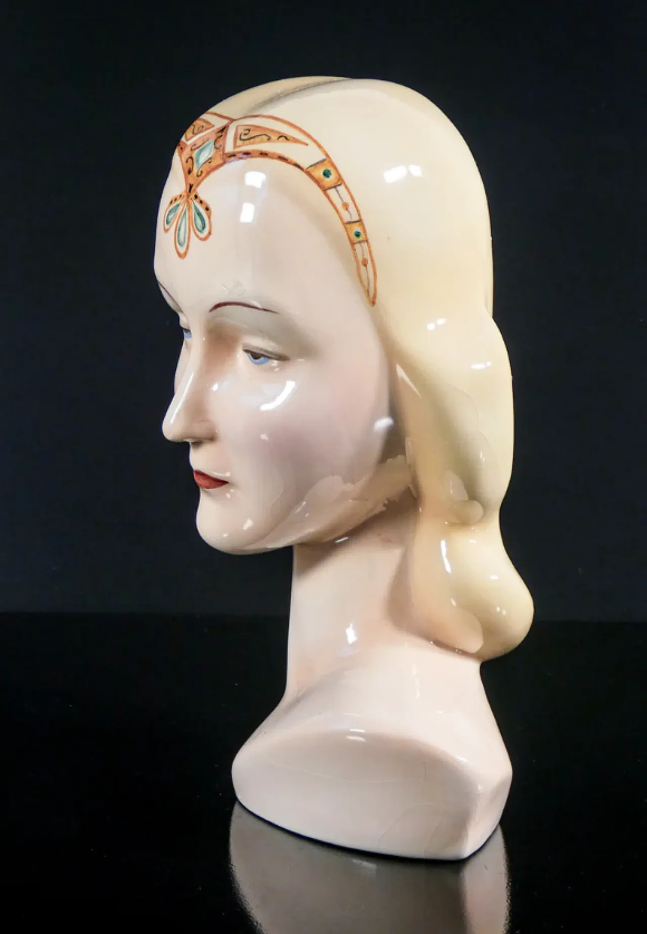 Woman with tiara, hand-painted ceramic sculpture, 1940s 5