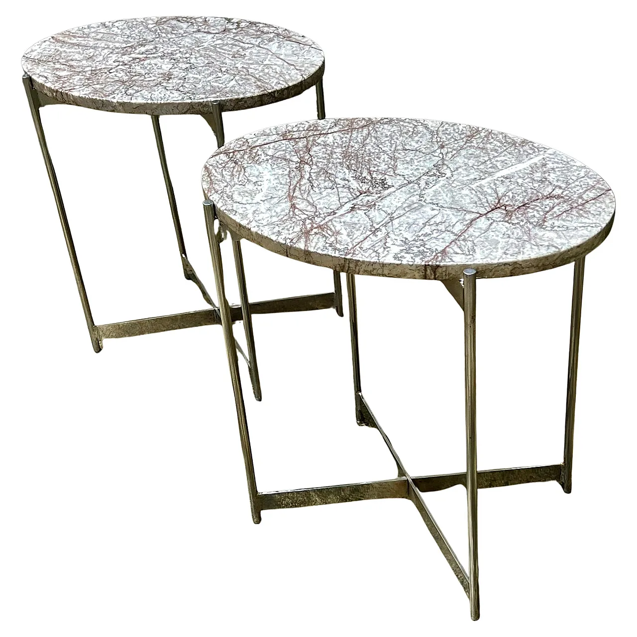 Pair of oval coffee tables in chrome-plated steel and marble, 1960s 1