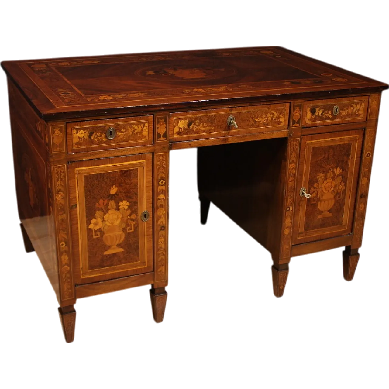 Louis XVI style center desk with flower inlaid wood, 1920s 13