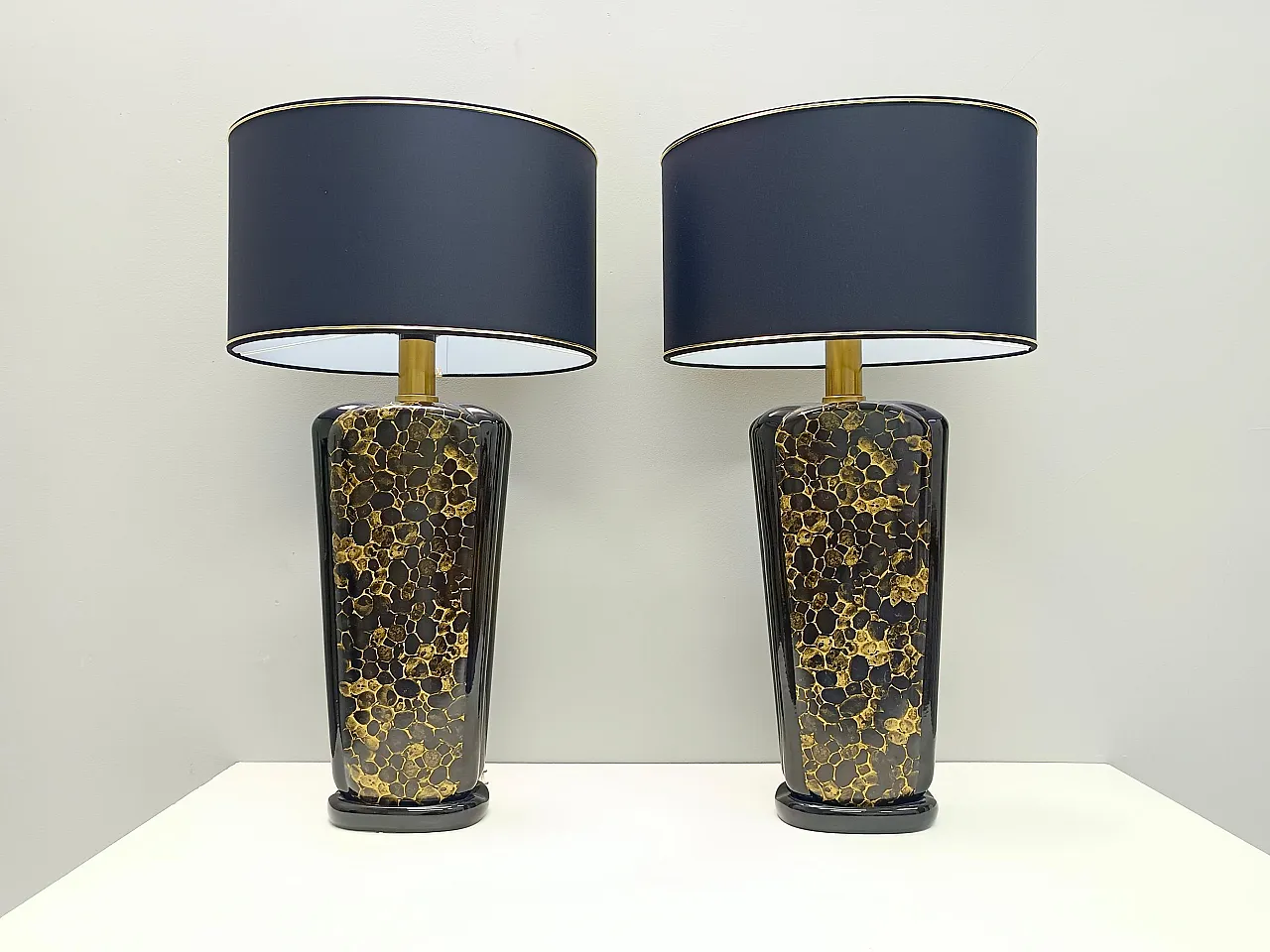 Postmodern Black and Gold Glazed Ceramic Table Lamps, Italy 1980s 7