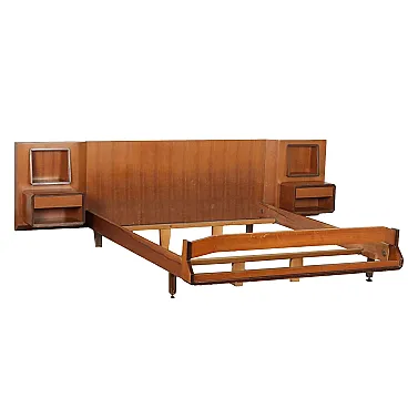 Mahogany veneered double bed with hanging nightstands, 1960s