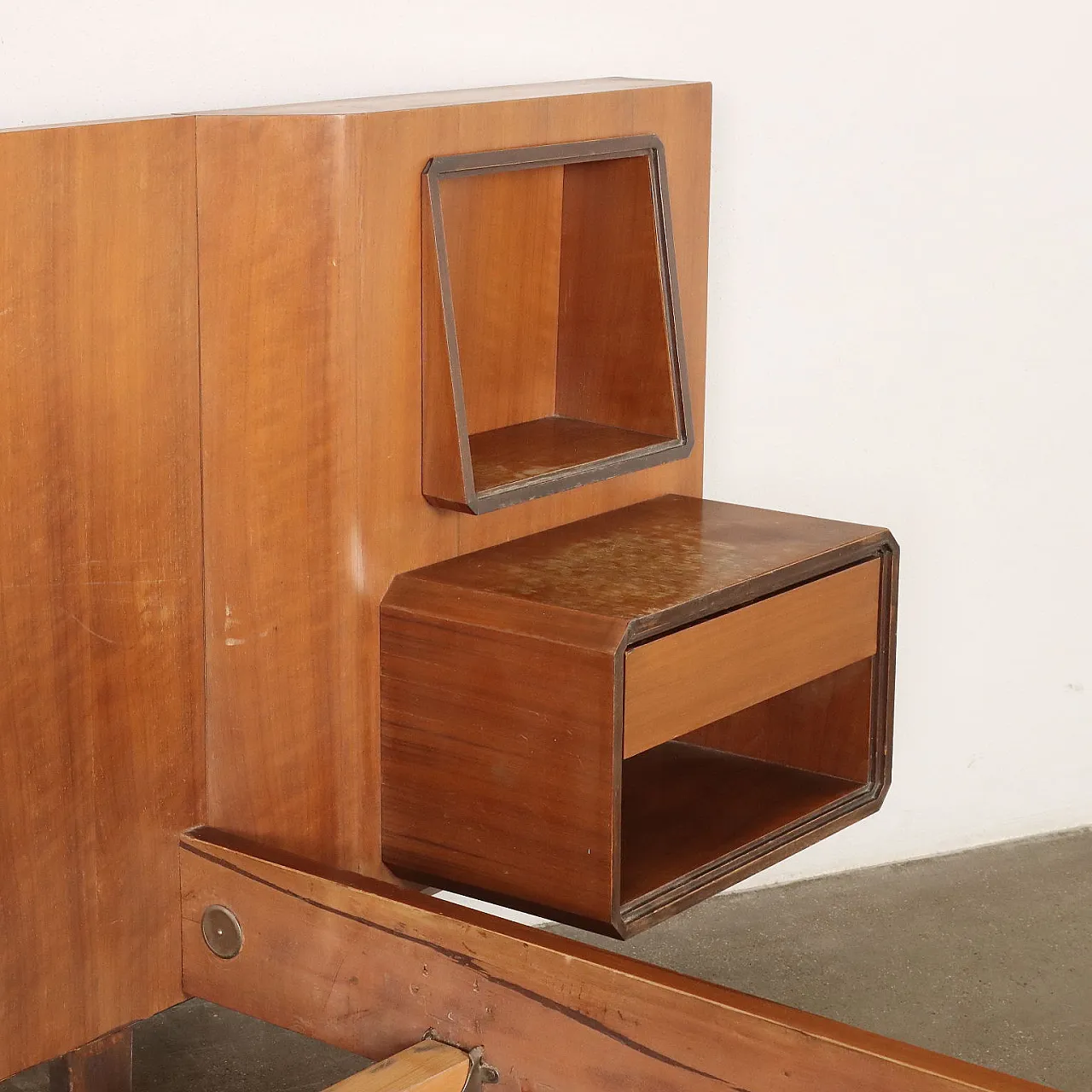 Mahogany veneered double bed with hanging nightstands, 1960s 5