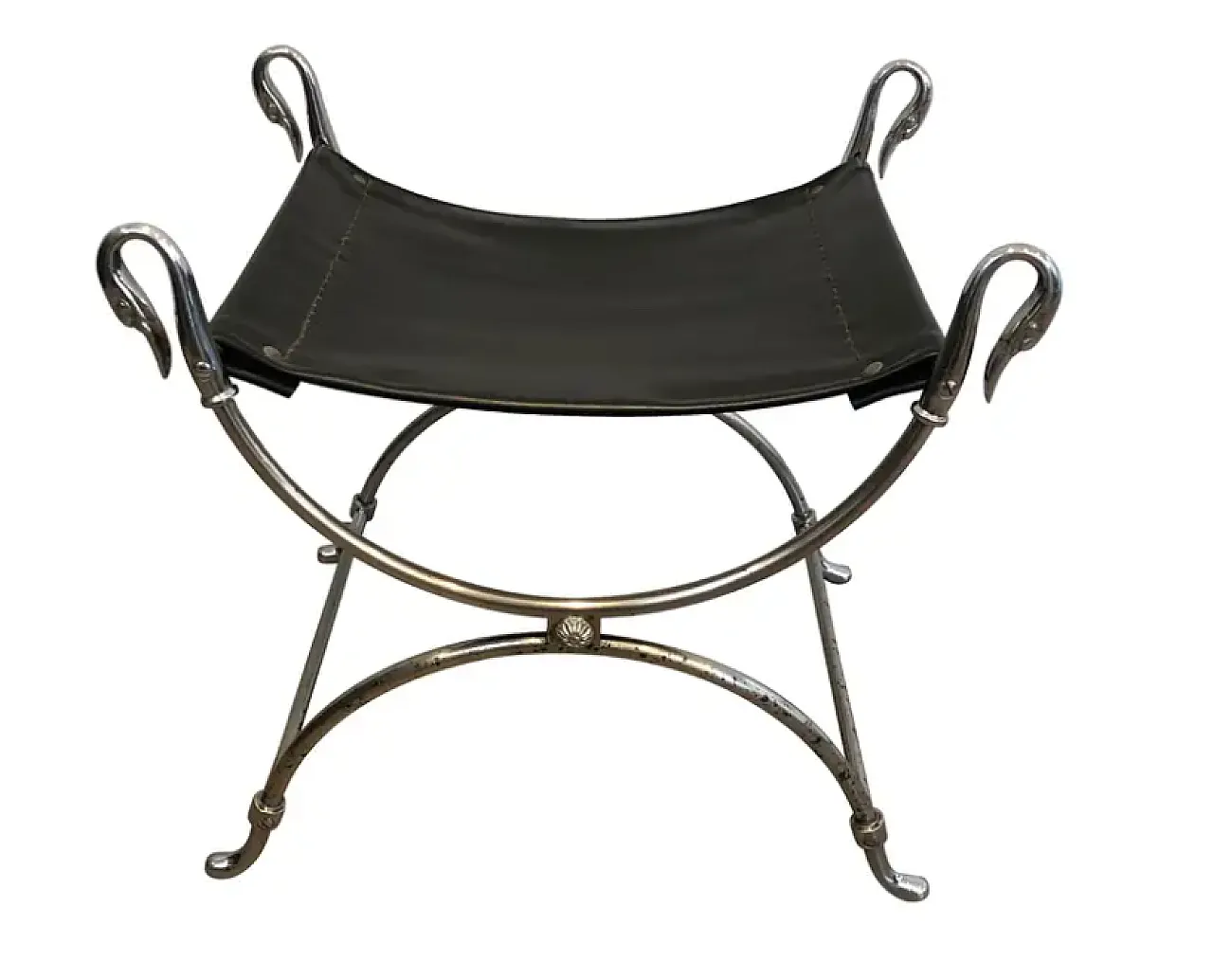 Curule stool in silver-plated steel and faux leather, 1940s 1