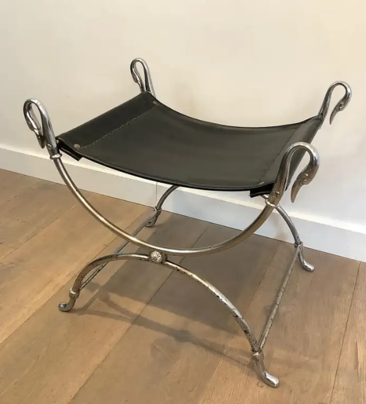 Curule stool in silver-plated steel and faux leather, 1940s 2