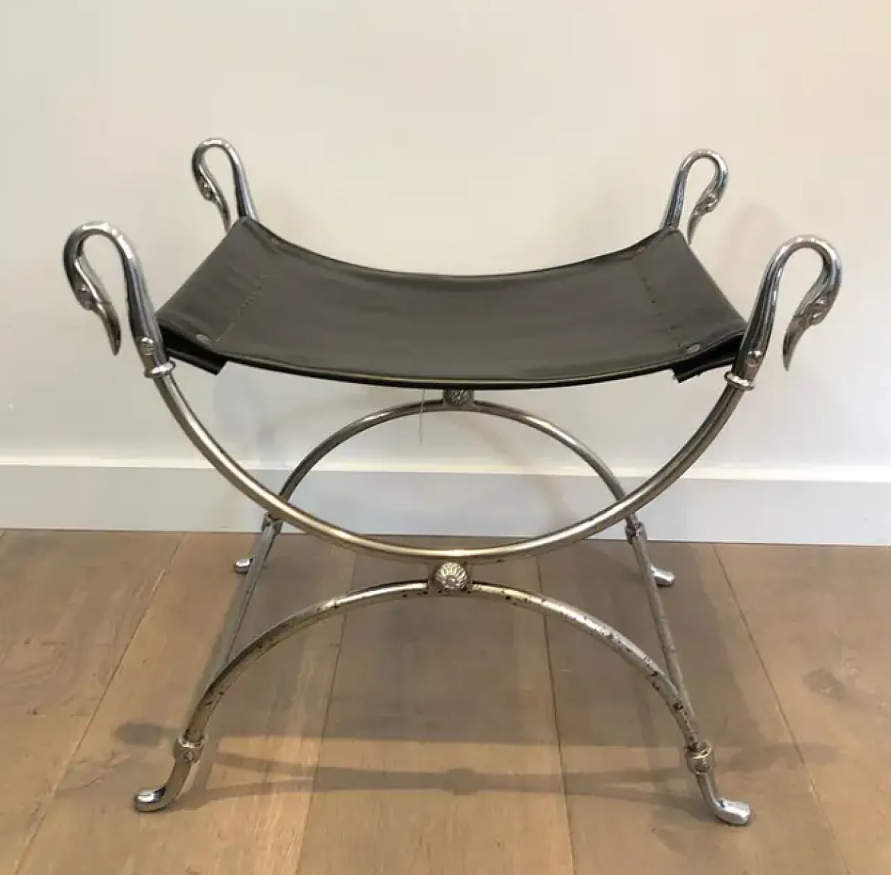 Curule stool in silver-plated steel and faux leather, 1940s 3