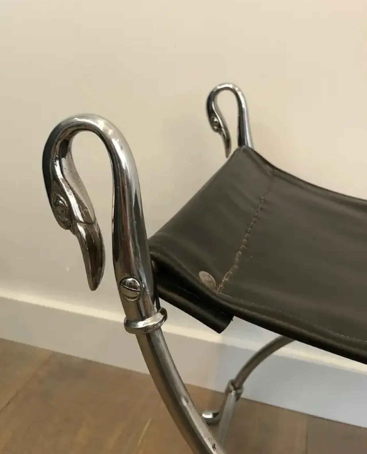 Curule stool in silver-plated steel and faux leather, 1940s 4