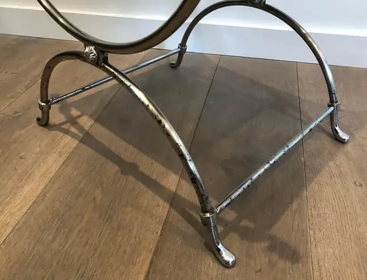 Curule stool in silver-plated steel and faux leather, 1940s 6