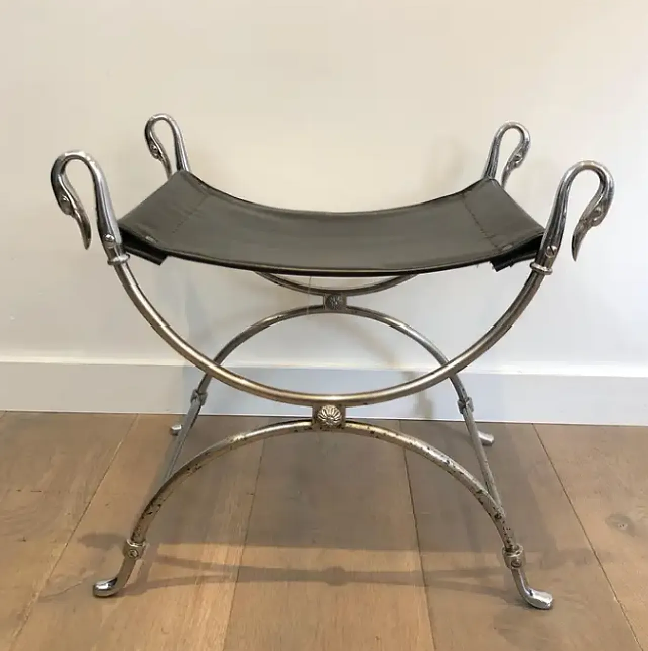 Curule stool in silver-plated steel and faux leather, 1940s 9