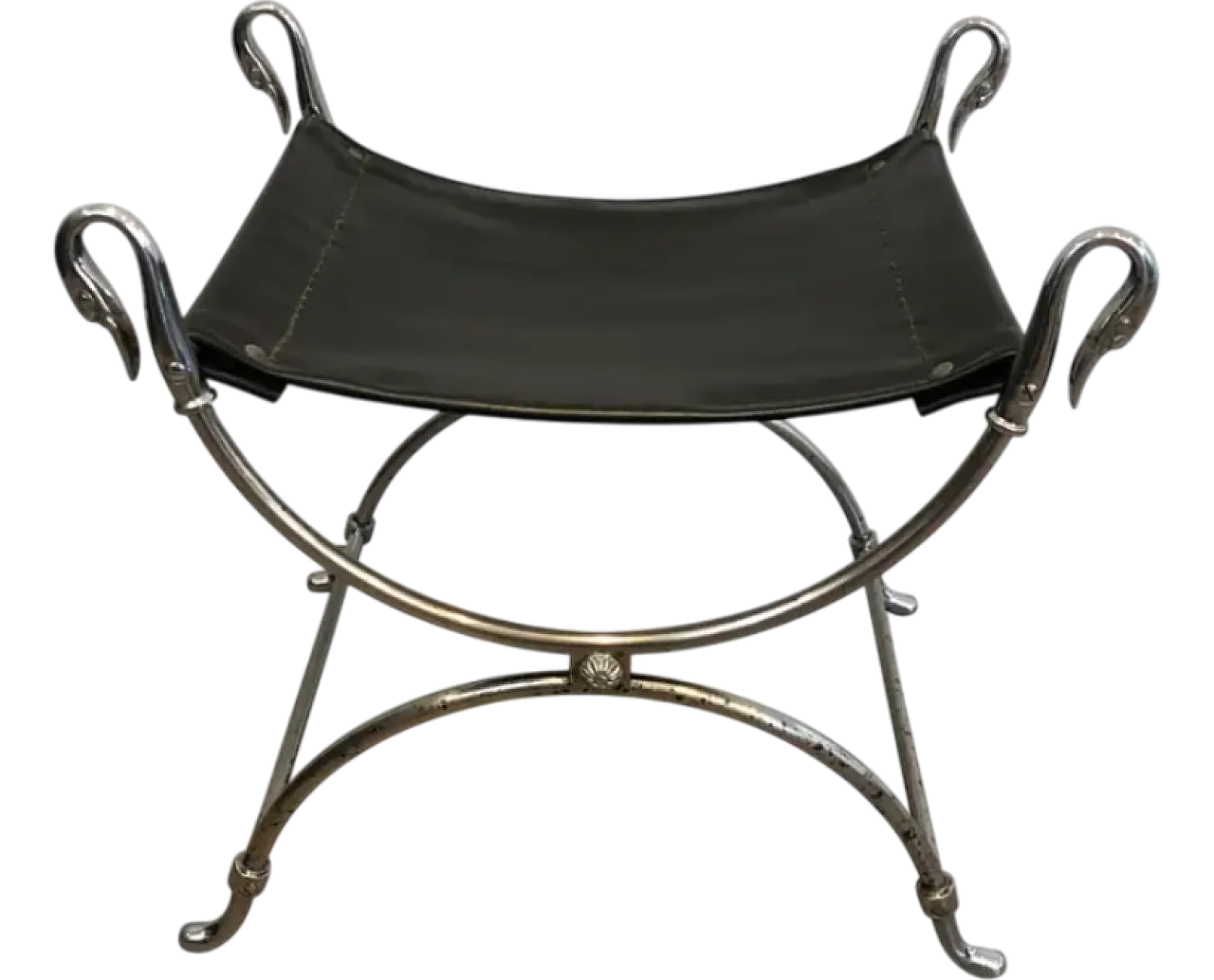 Curule stool in silver-plated steel and faux leather, 1940s 13