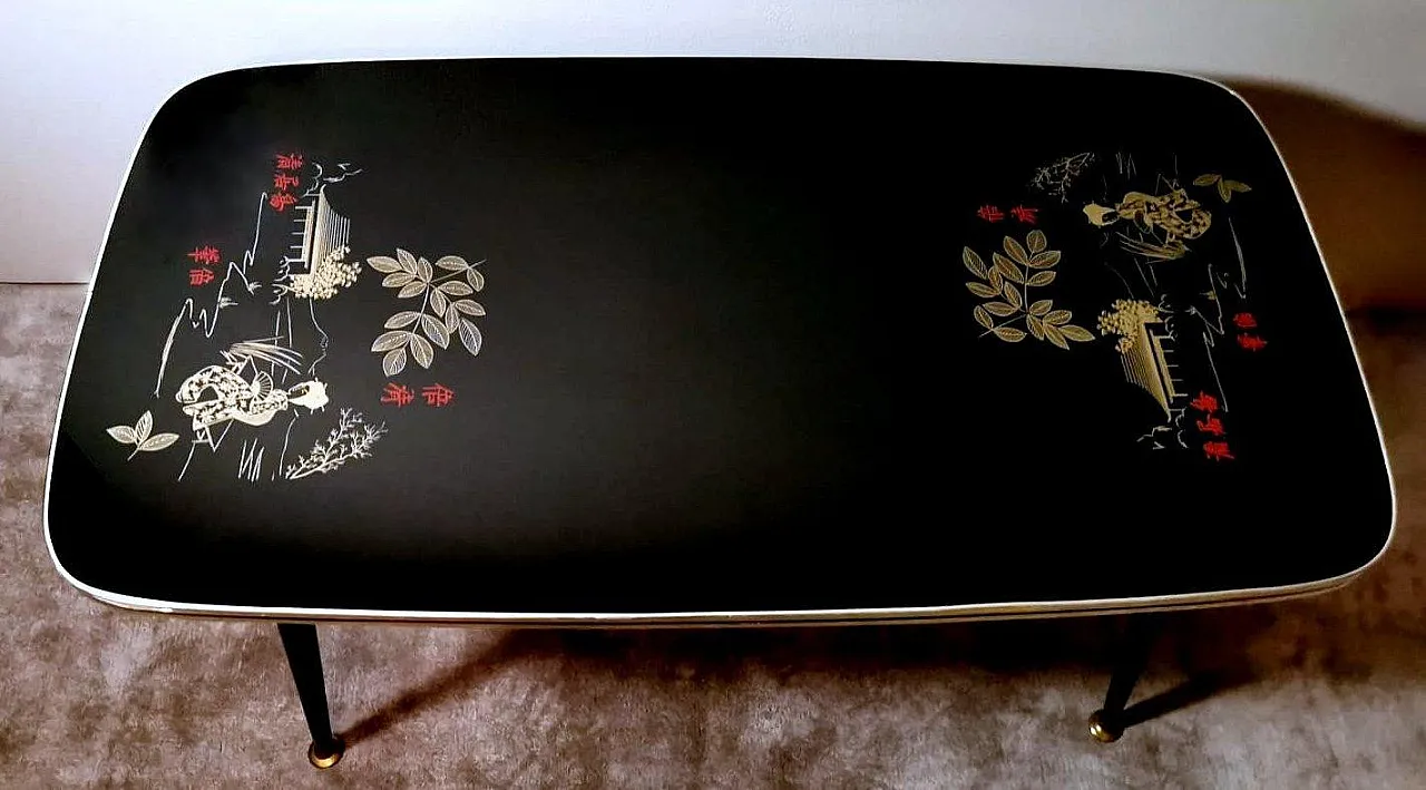 Rene His glass sofa table with oriental decoration, 1960s 2