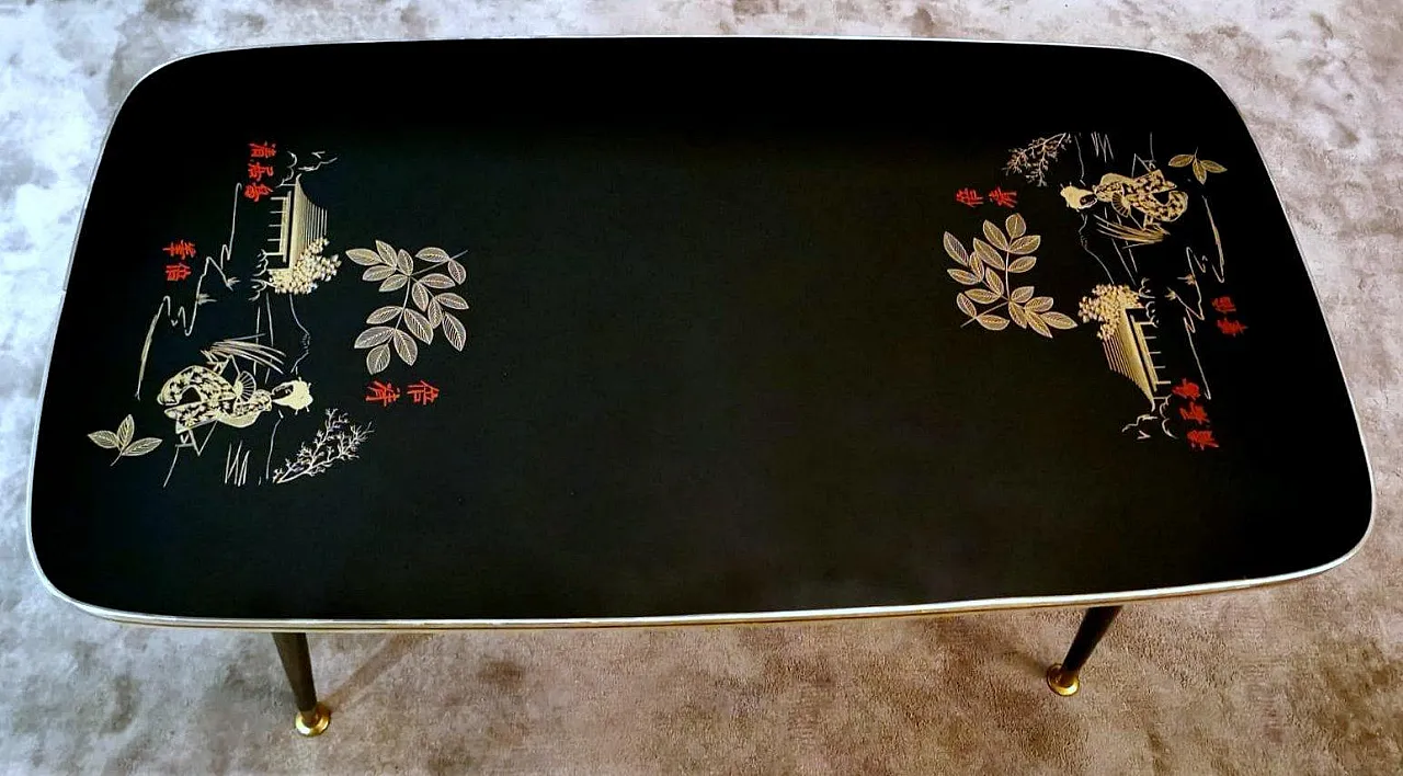 Rene His glass sofa table with oriental decoration, 1960s 3