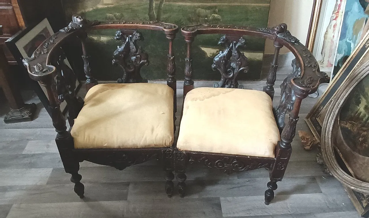 Pair of solid walnut corner armchairs, 19th century 1