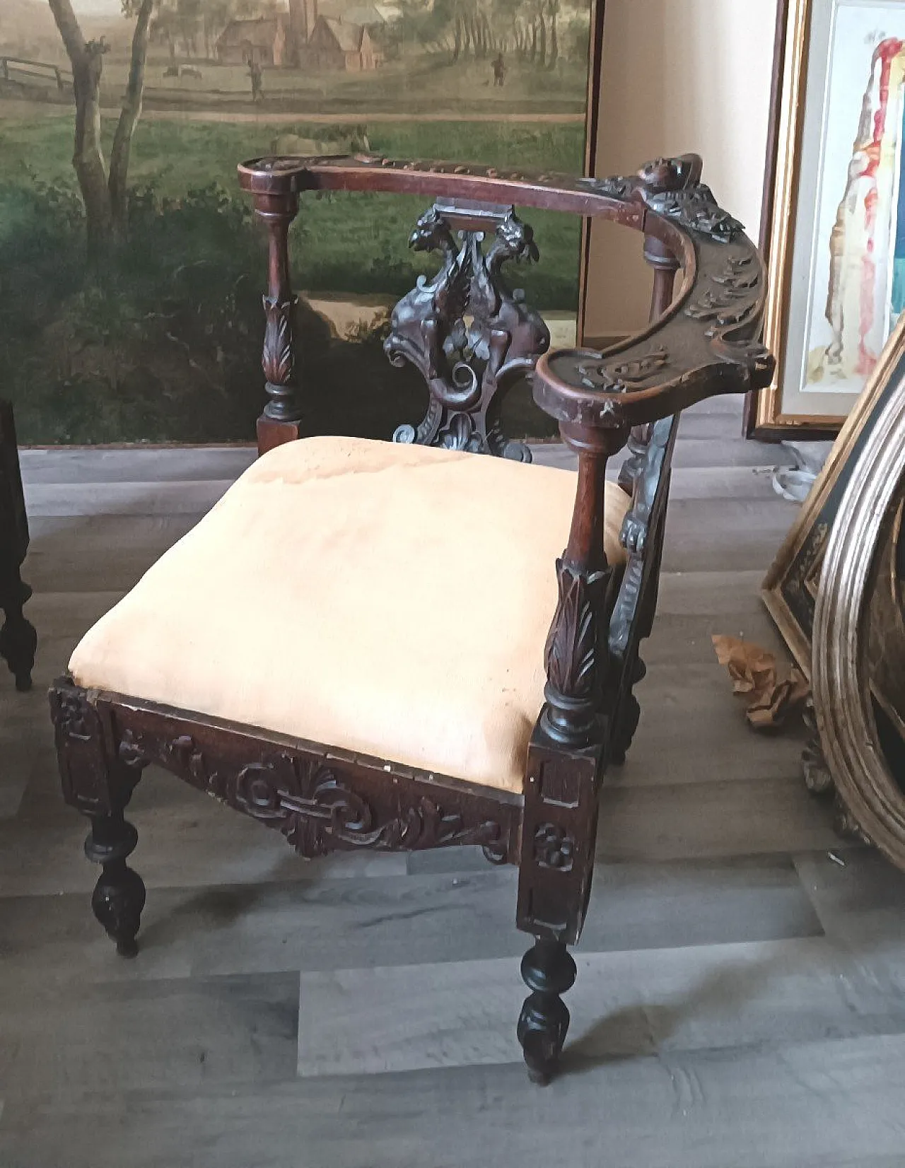 Pair of solid walnut corner armchairs, 19th century 2