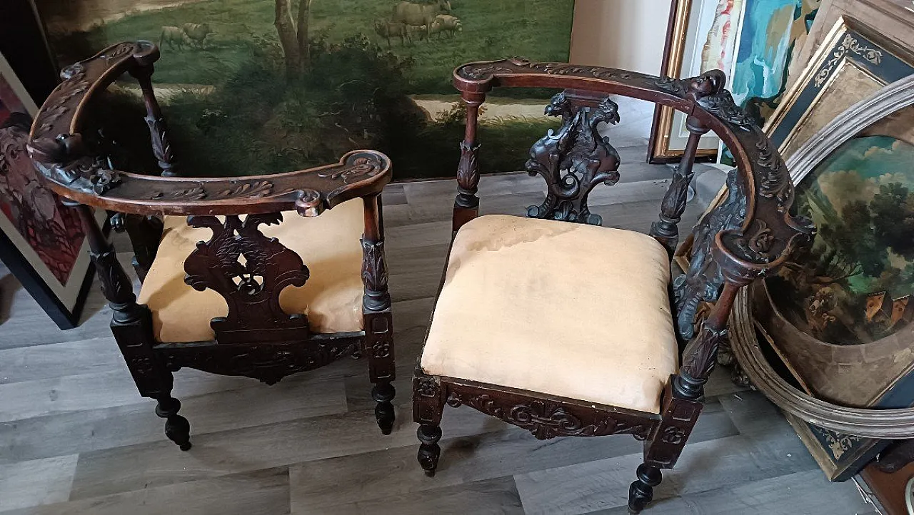 Pair of solid walnut corner armchairs, 19th century 3