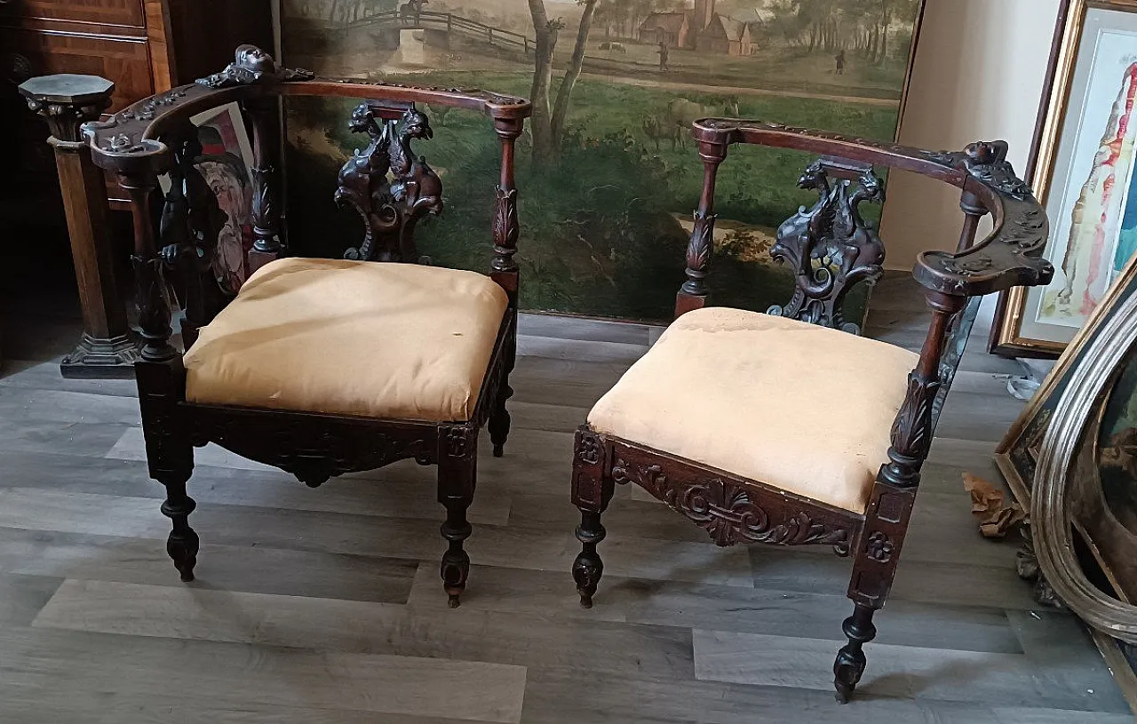 Pair of solid walnut corner armchairs, 19th century 8