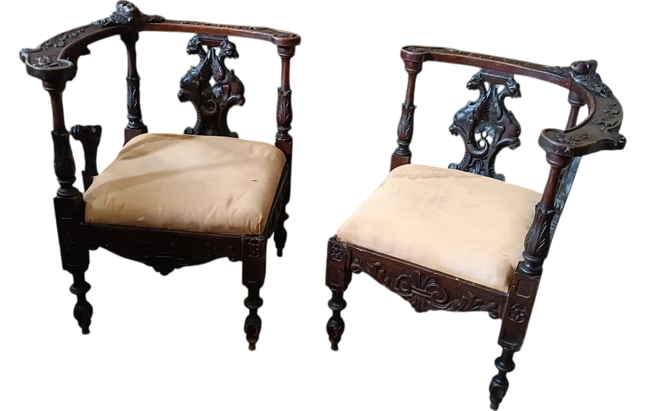 Pair of solid walnut corner armchairs, 19th century 9