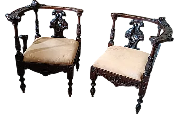 Pair of solid walnut corner armchairs, 19th century