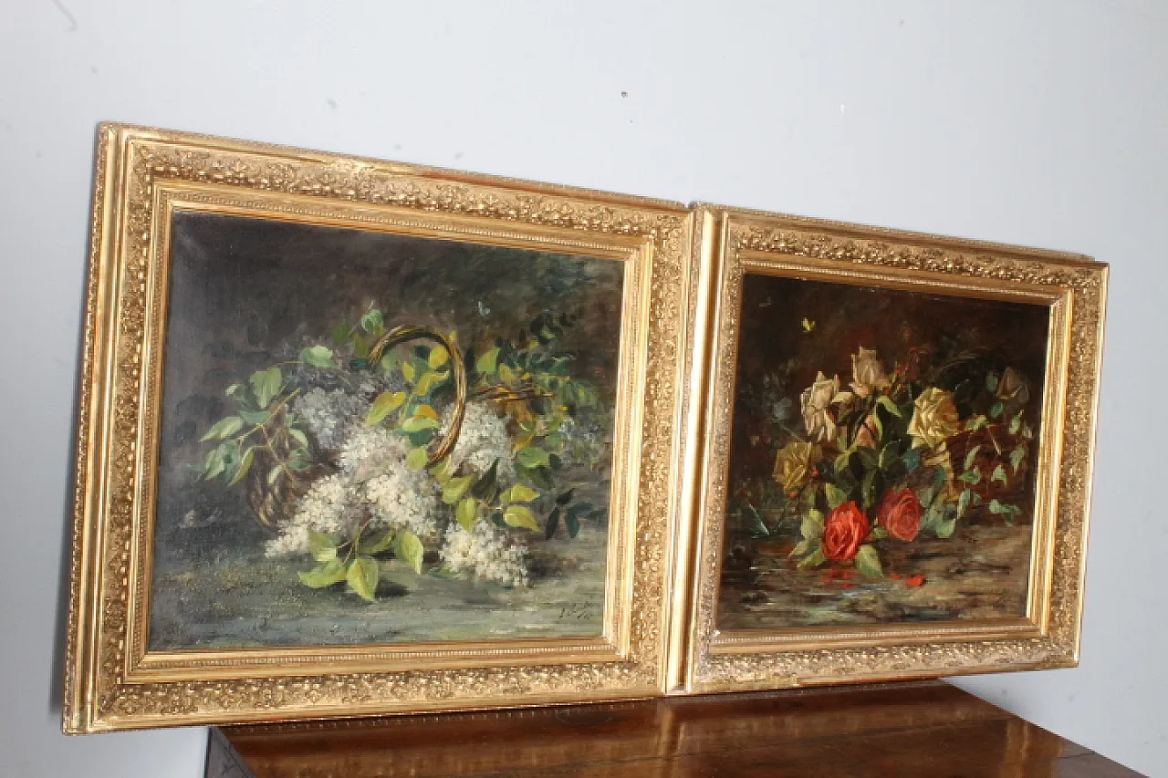 Pair of oil on canvas paintings of flowers, signed, 1892 1