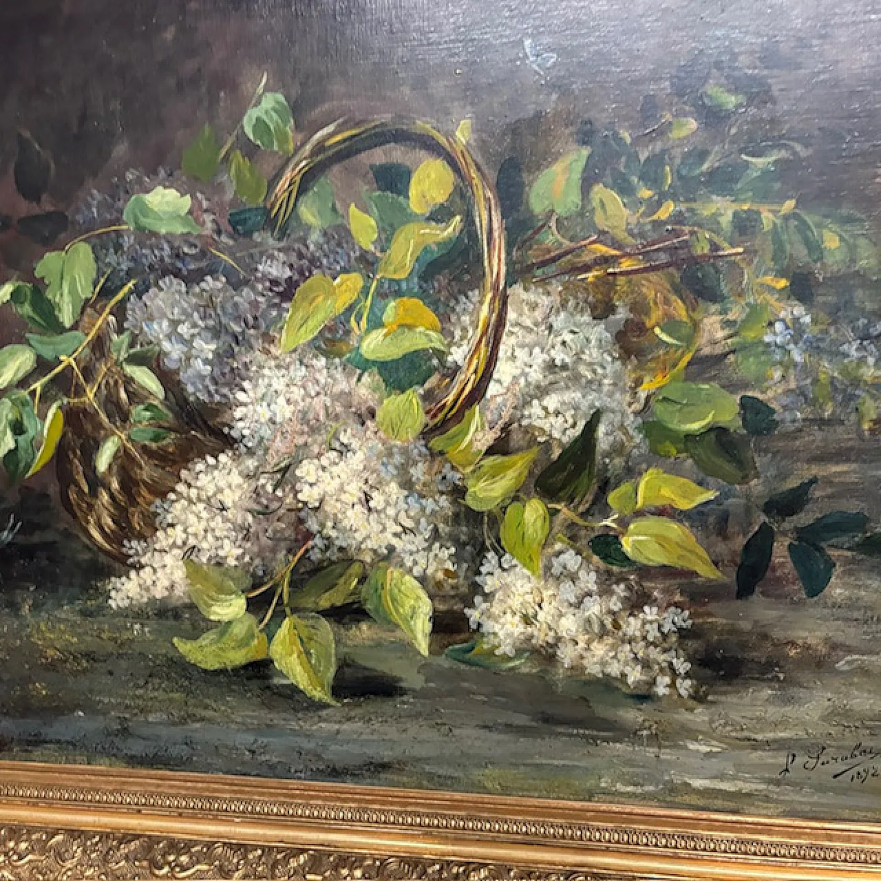 Pair of oil on canvas paintings of flowers, signed, 1892 6