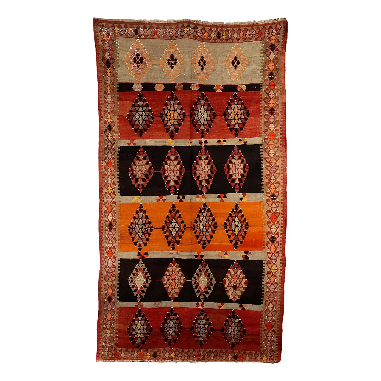 Tappeto Kilim a nodo fine in lana marrone e arancione 1