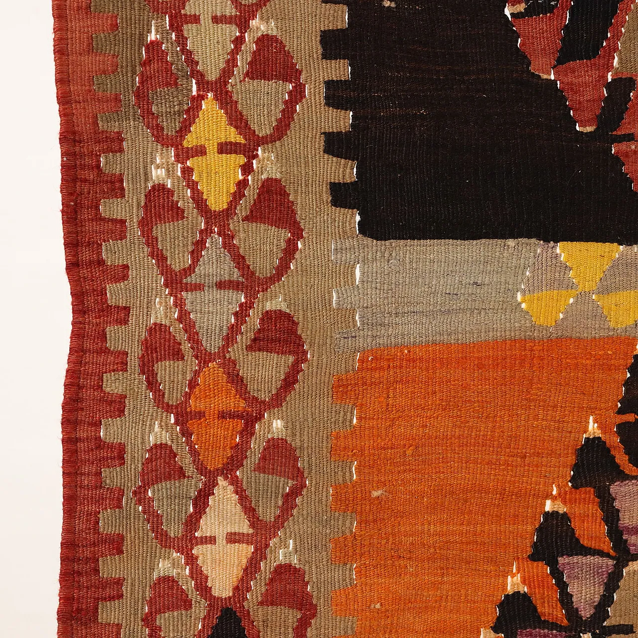 Tappeto Kilim a nodo fine in lana marrone e arancione 5