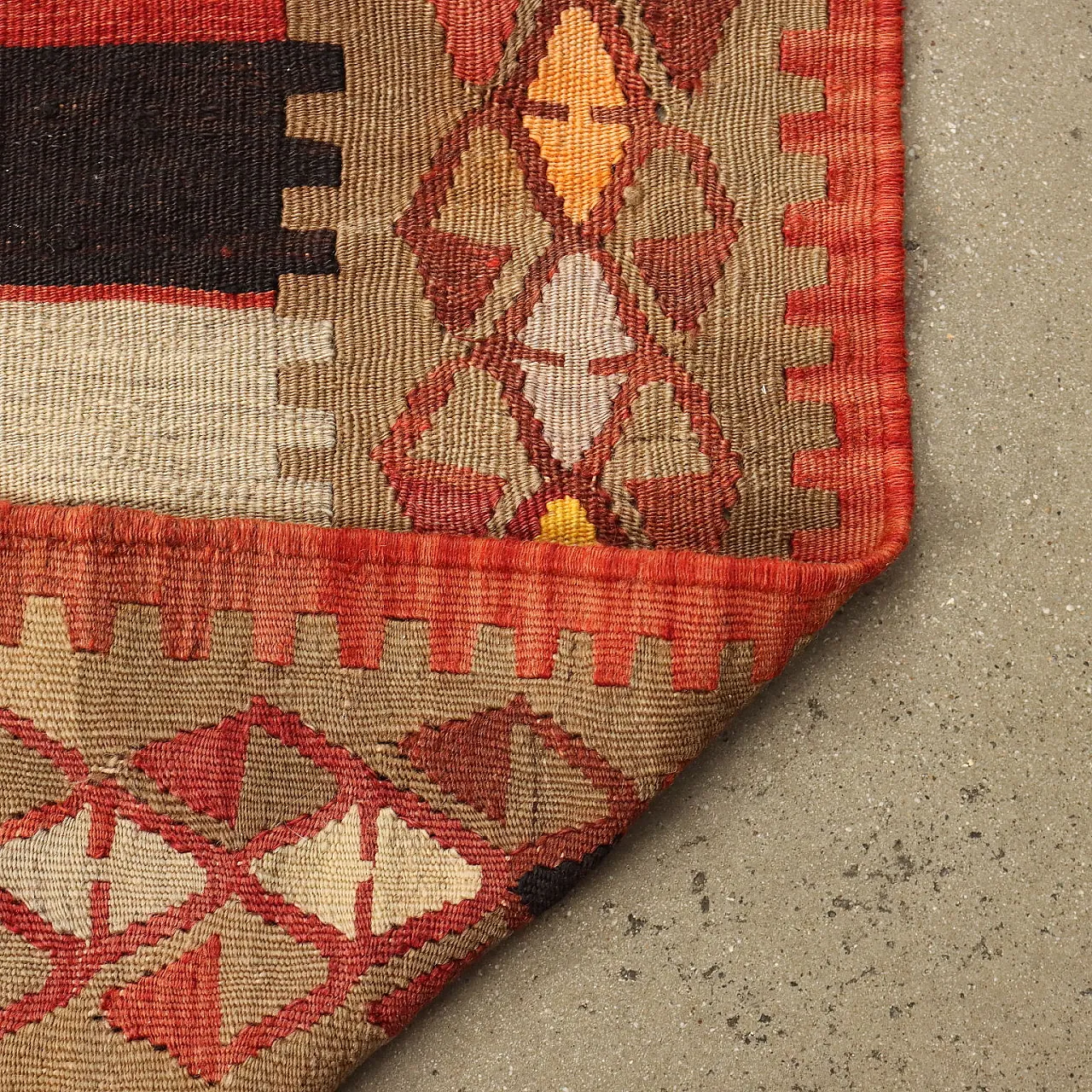 Tappeto Kilim a nodo fine in lana marrone e arancione 7