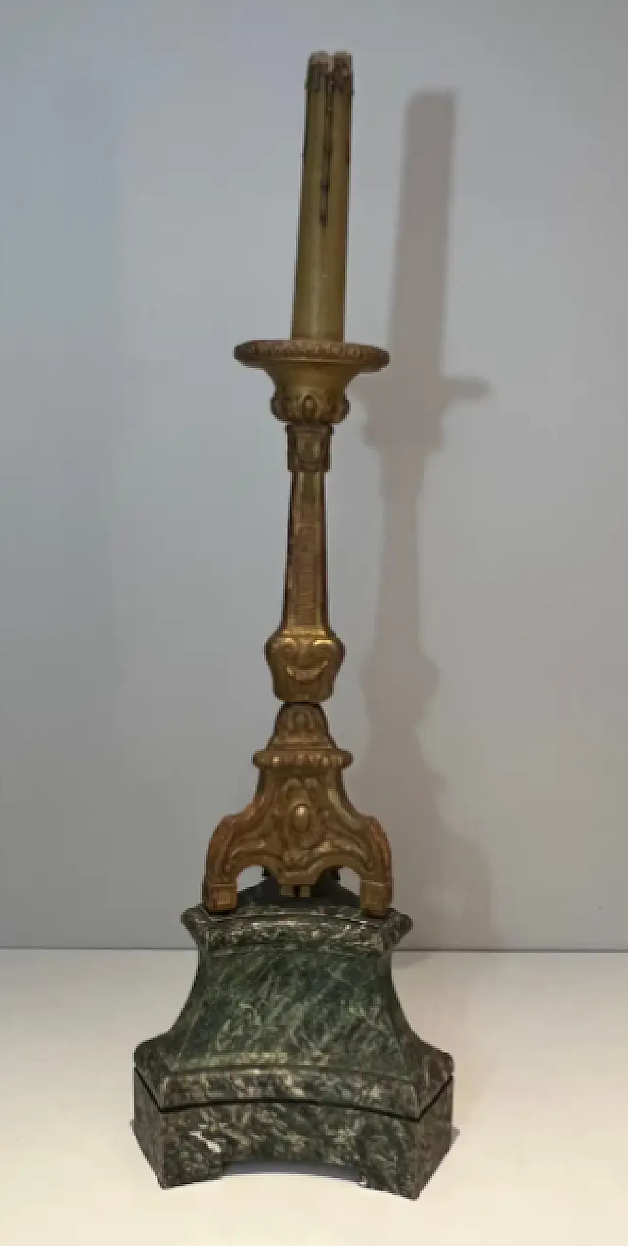 Carved and gilded wooden candelabrum on patinated base, 20th century 2