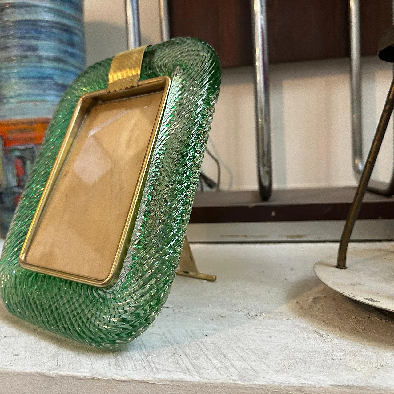 Green Murano glass and brass frame, 1990s 4