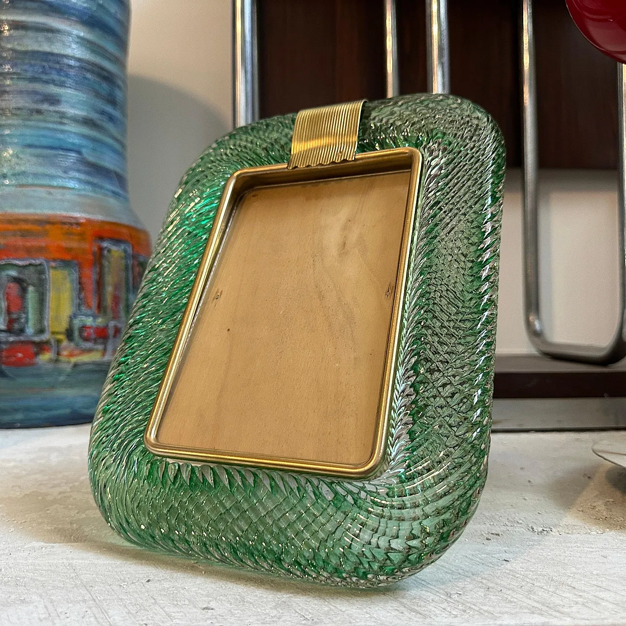 Green Murano glass and brass frame, 1990s 5