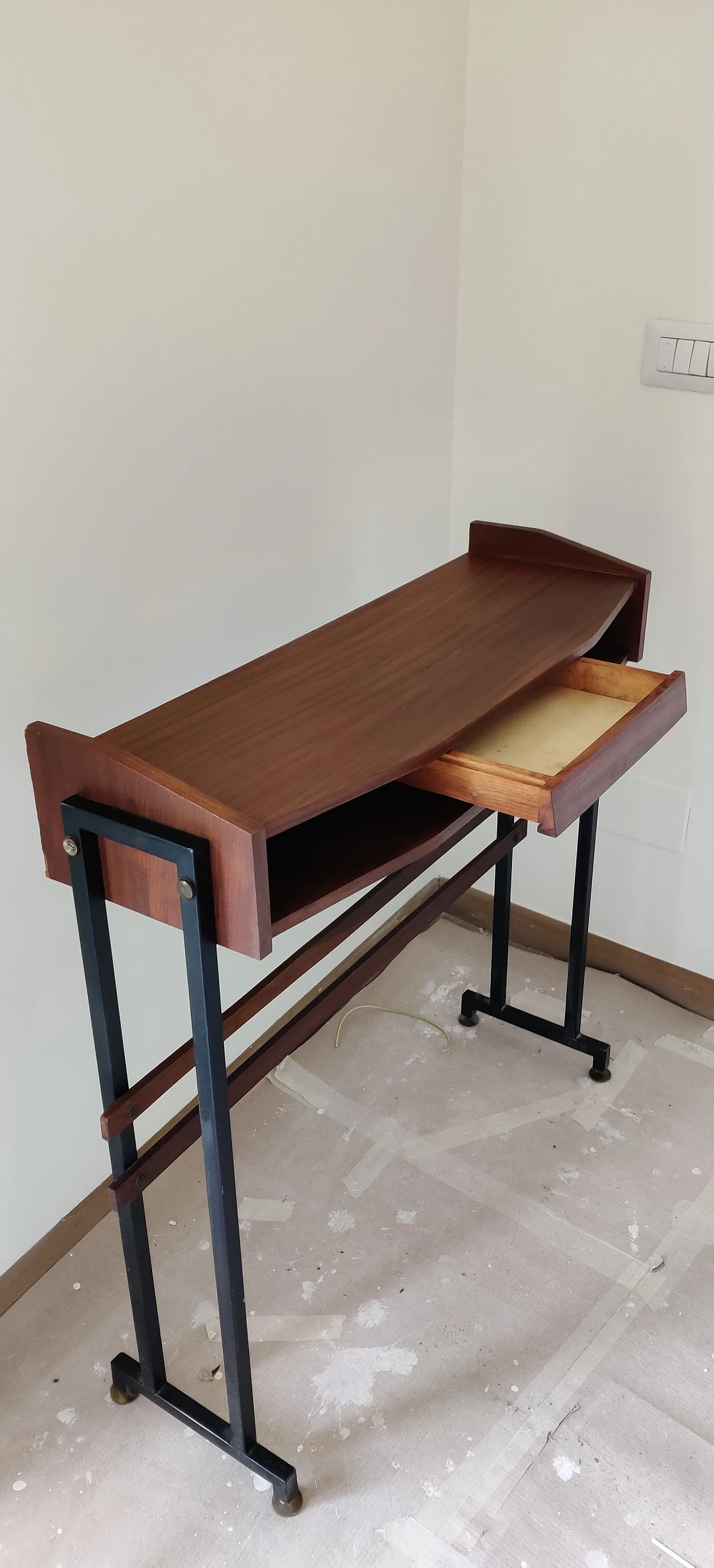 Wooden entrance console table with metal feet, 1950s 2