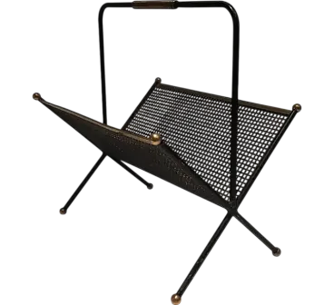 Magazine rack in lacquered perforated sheet metal and brass, 1950s