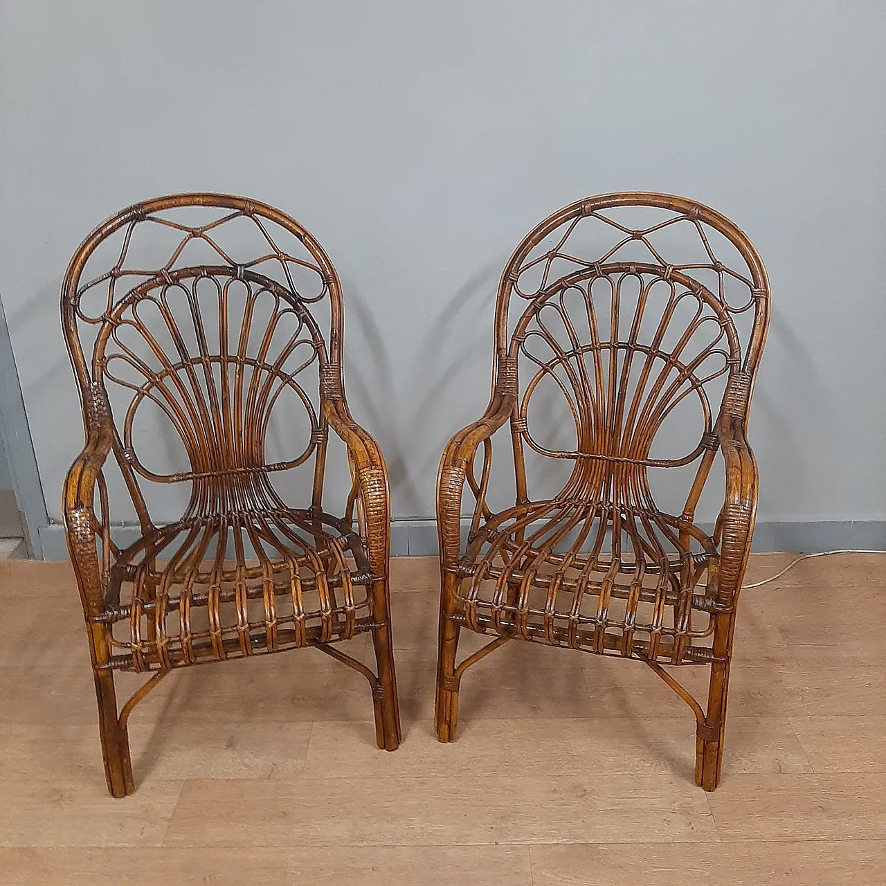 Pair of bamboo armchairs, 70s 1