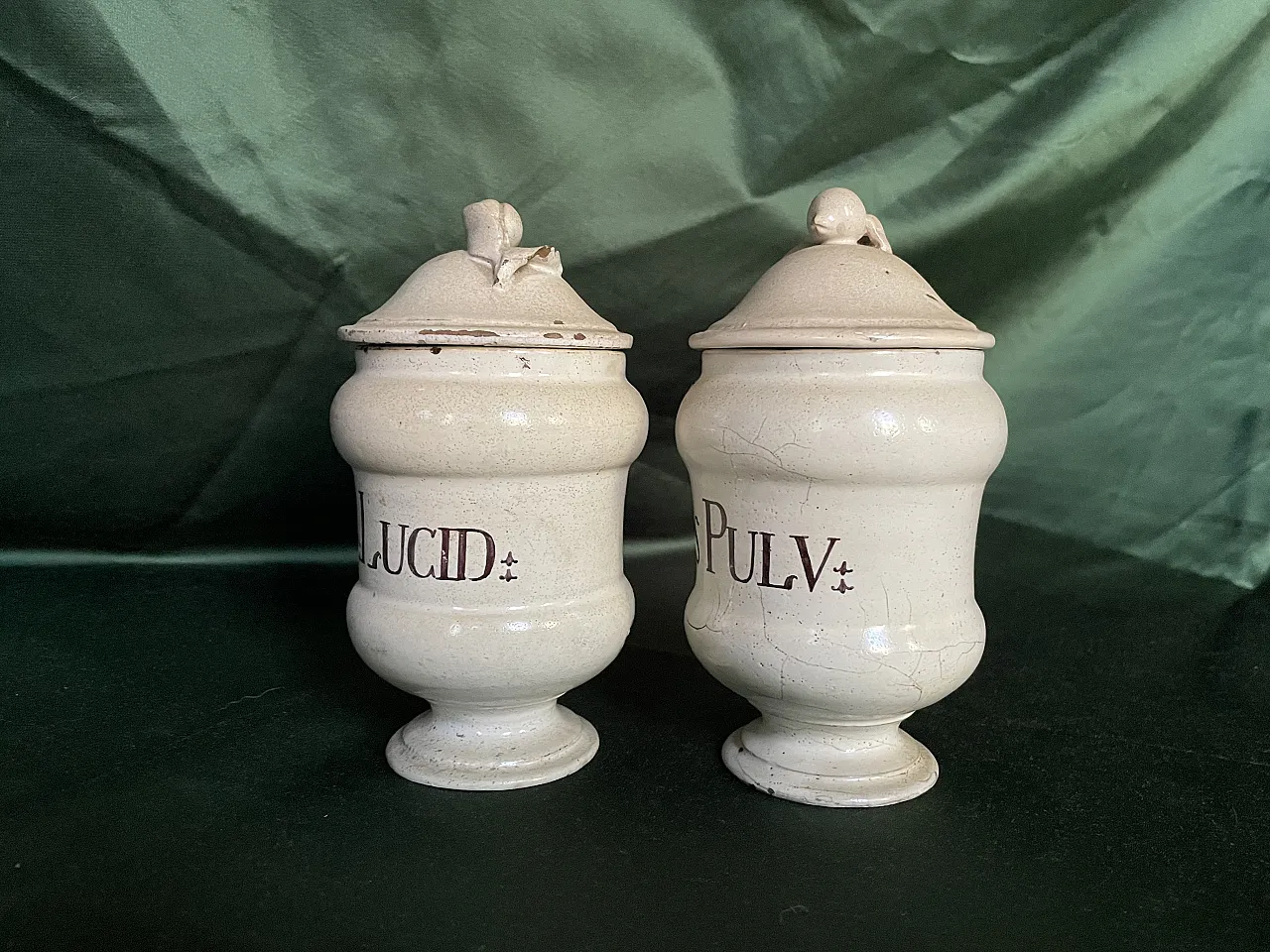 Pair of small pharmacy majolica 2