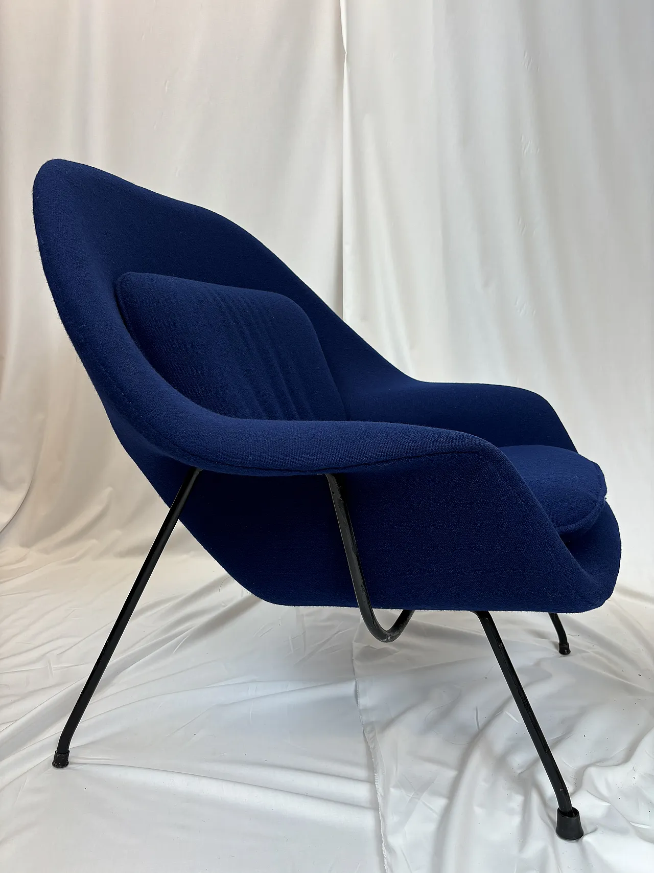 Blue Upholstered Mid-century armchair with pouf, 2000s 1