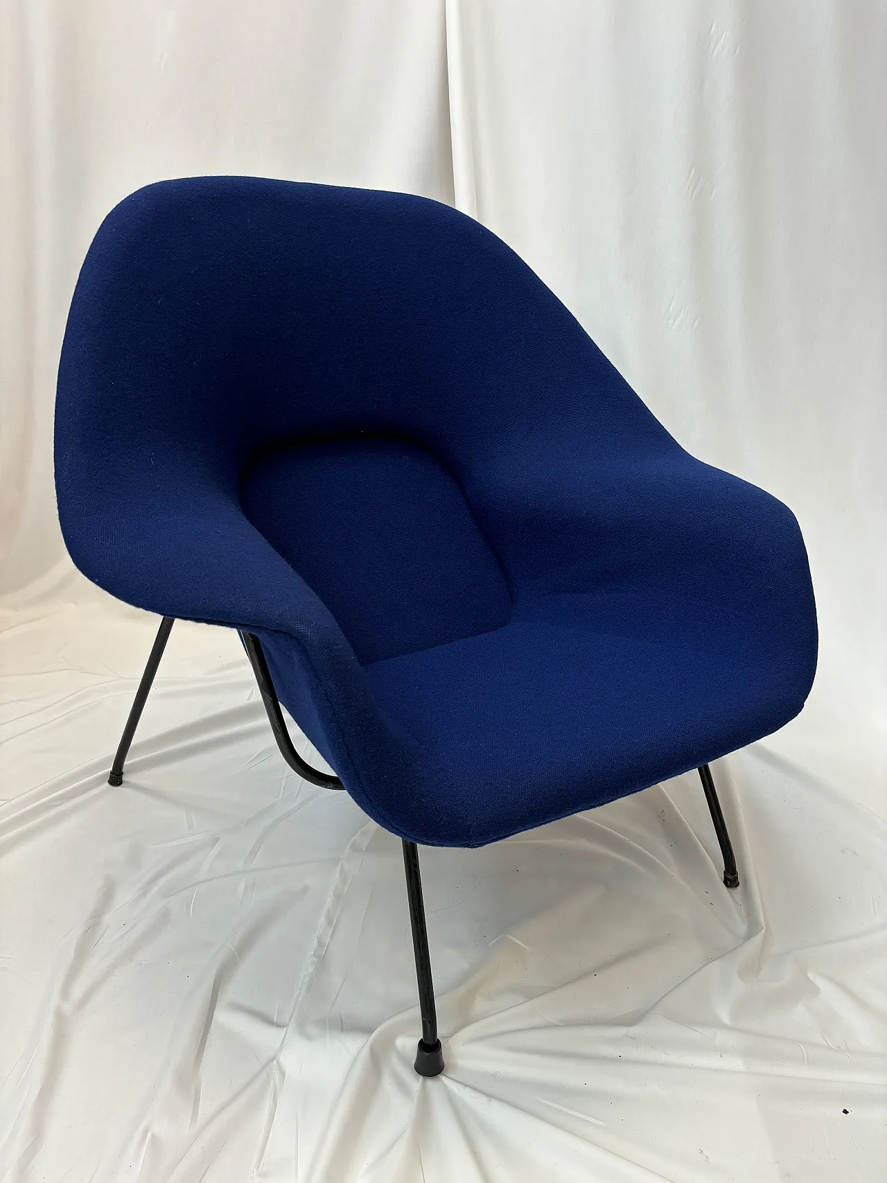 Blue Upholstered Mid-century armchair with pouf, 2000s 2