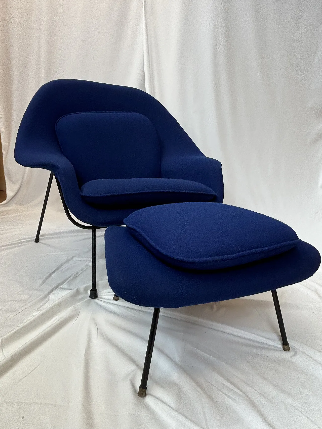 Blue Upholstered Mid-century armchair with pouf, 2000s 3