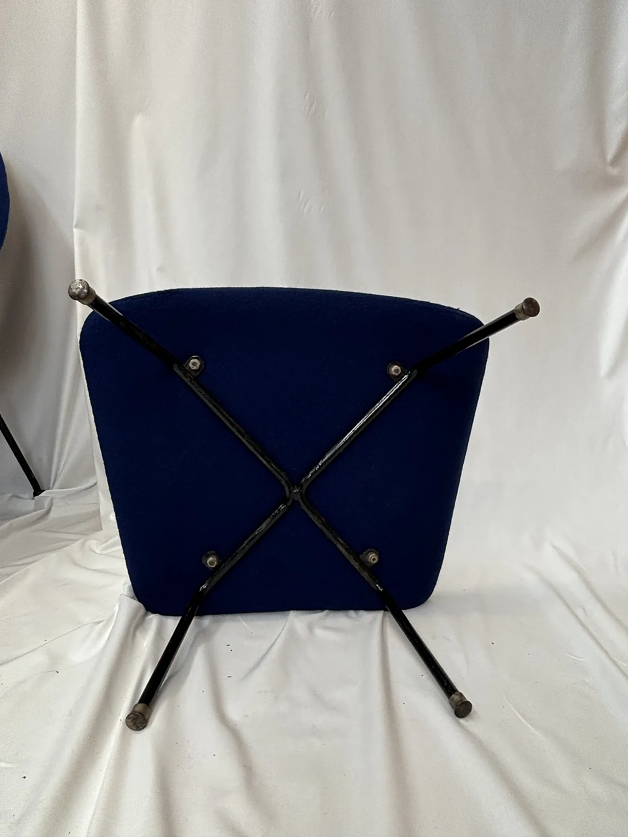 Blue Upholstered Mid-century armchair with pouf, 2000s 5