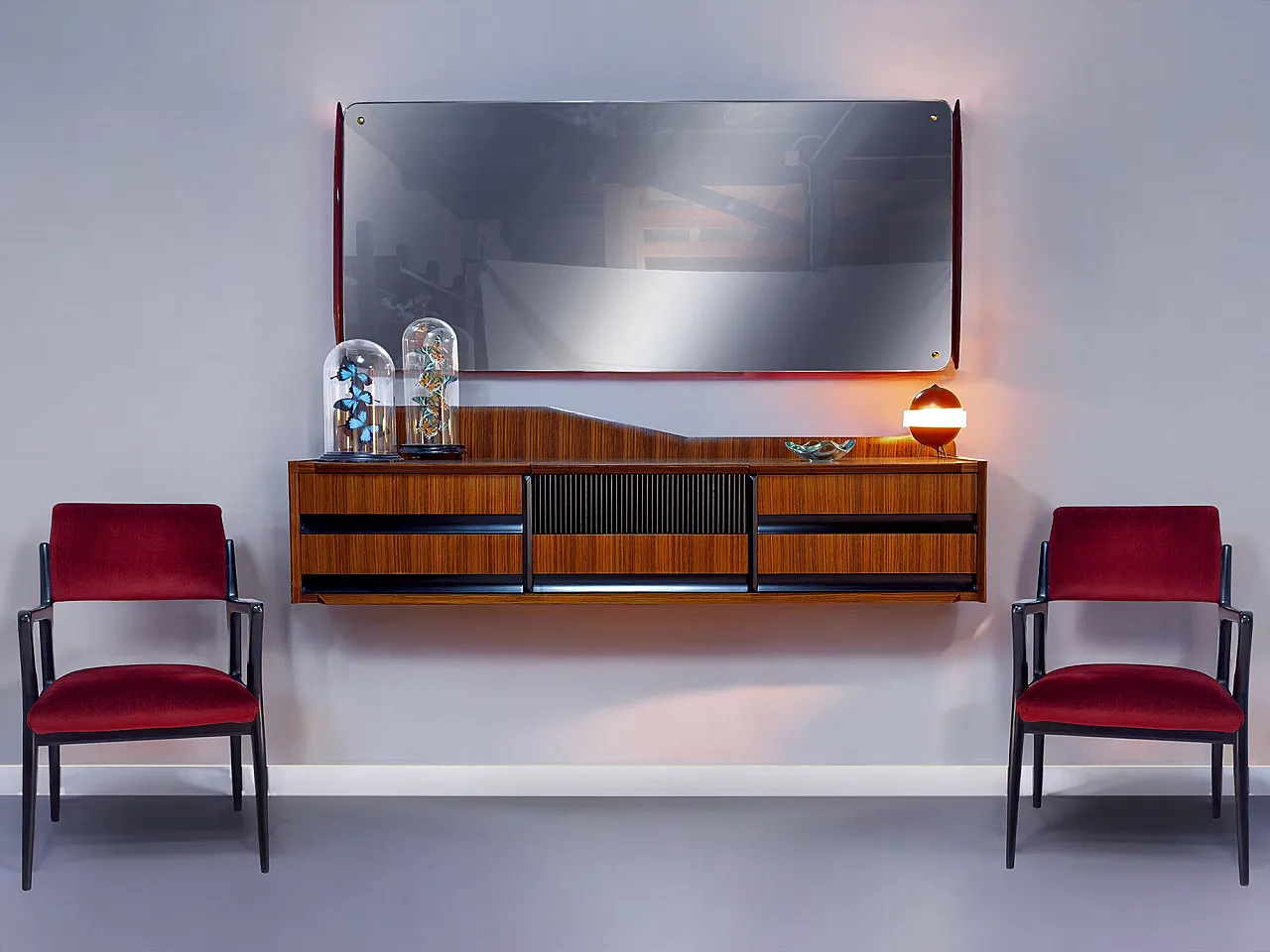 Credenza Mid-Century a parete con specchio, italiana, di Dassi, anni '50 11